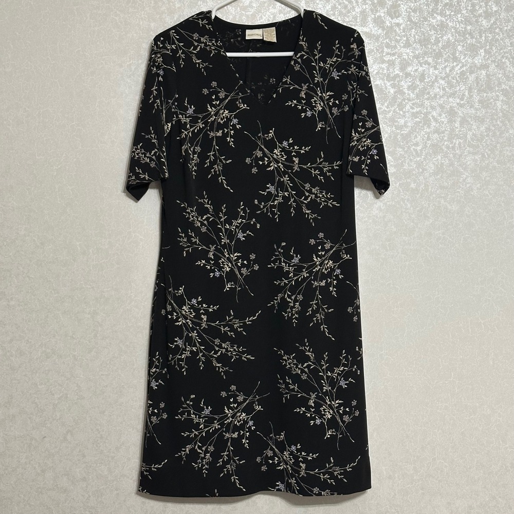 Merona Floral Branch Print V-Neck Short Sleeve Shift Dress Black Cottagecore M